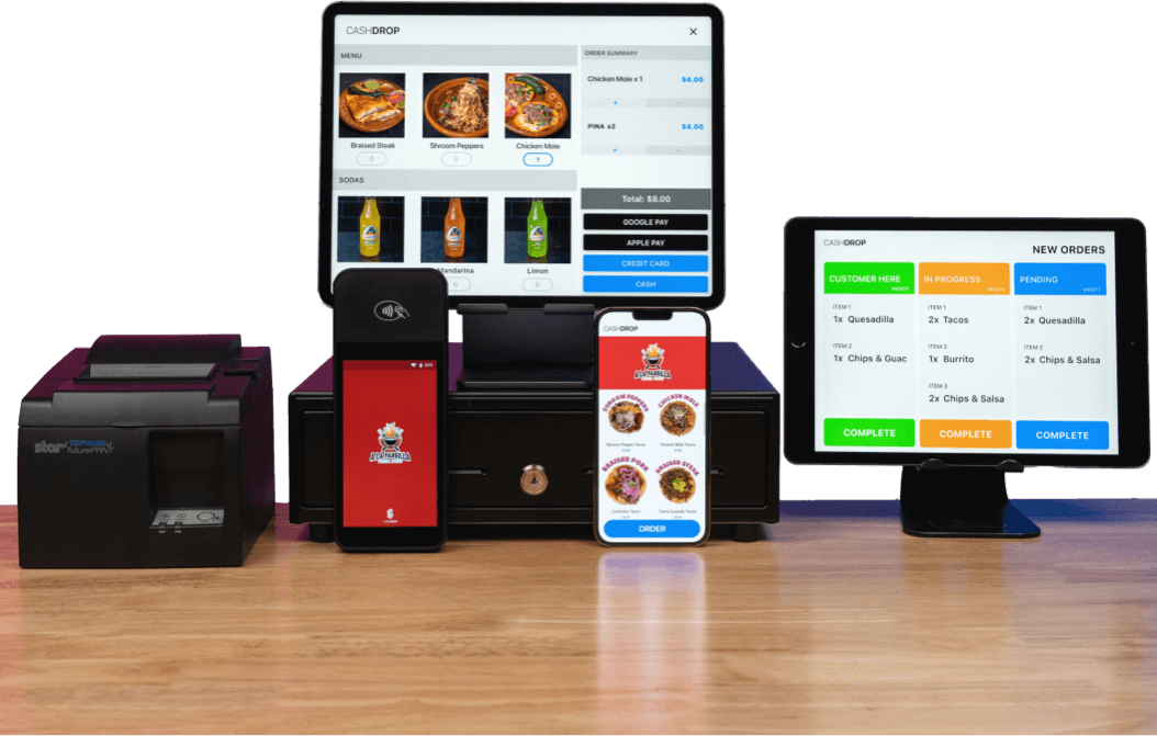 Cashdrop POS setup with tablet, card reader, receipt printer, phone menu, and kitchen display