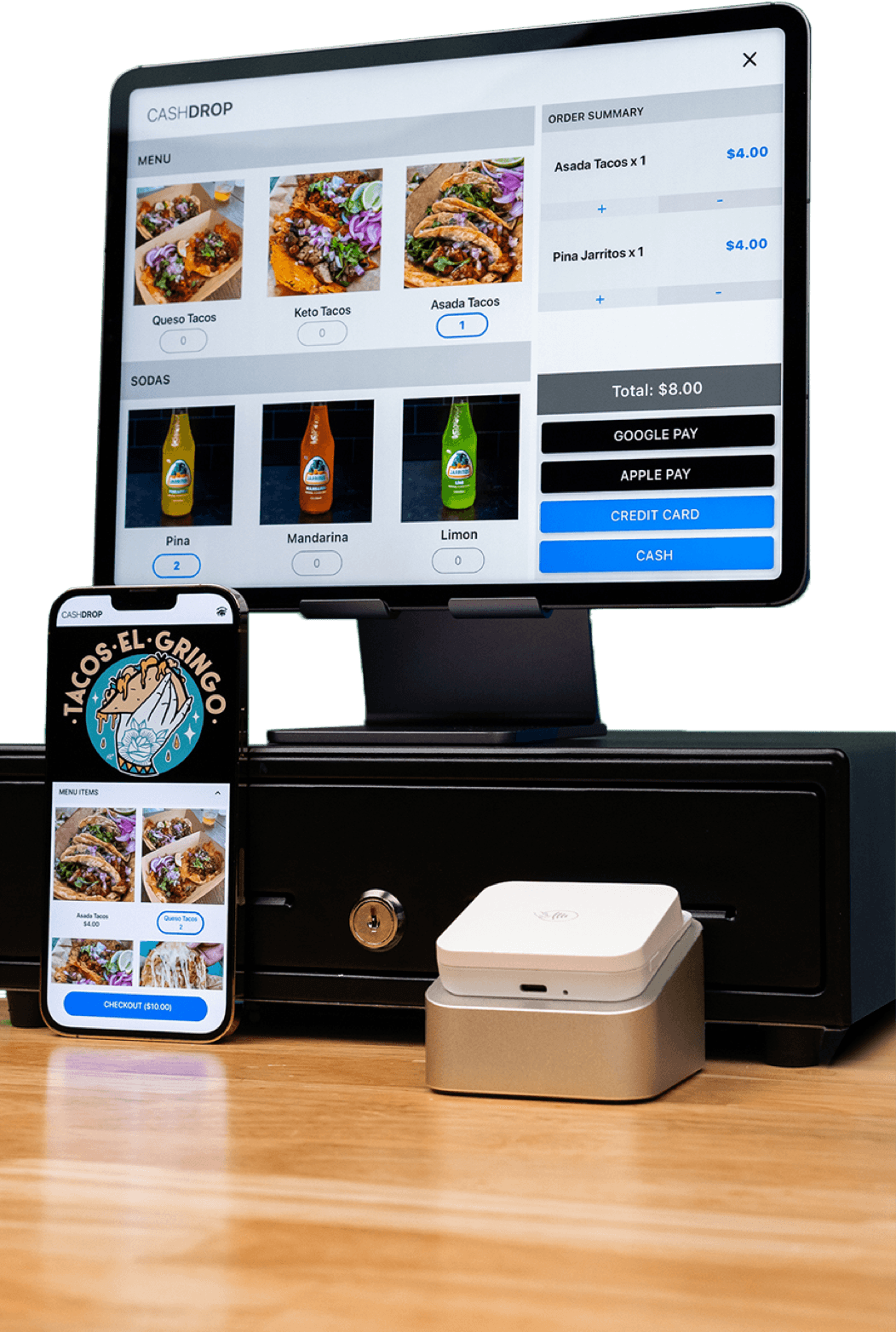 Cashdrop POS station with register, tablet, receipt printer, and phone