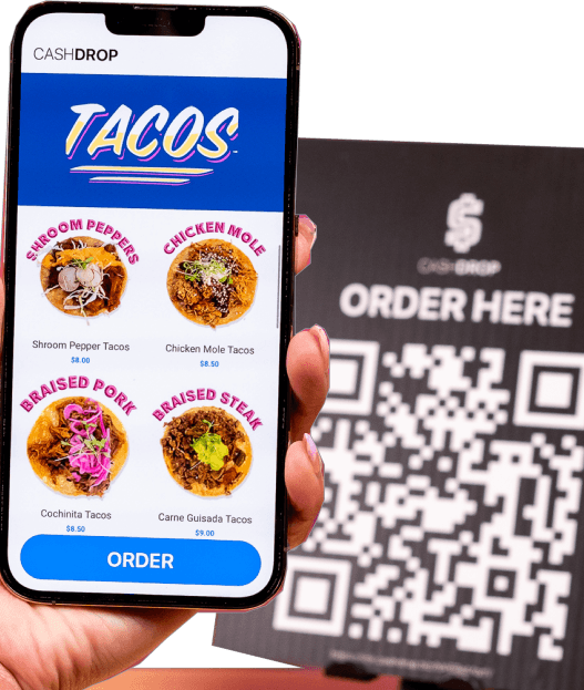 Cashdrop phone ordering menu next to QR code